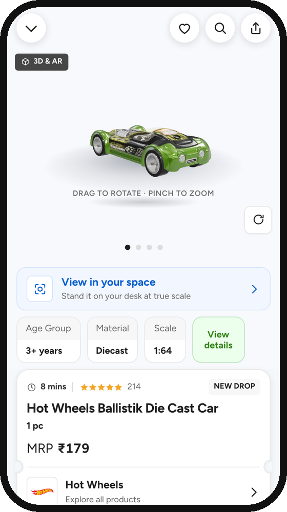 The car’s product page, with a 3D viewer, View in your space and Race this car