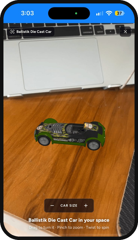The chosen car placed in a real room in AR