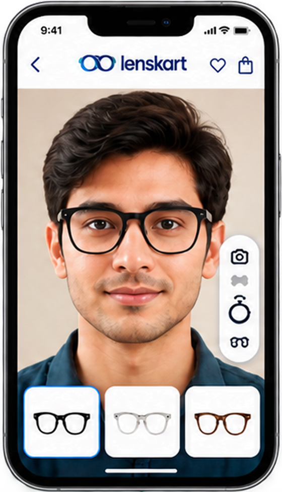 Lenskart try-on with frames rendered on a face