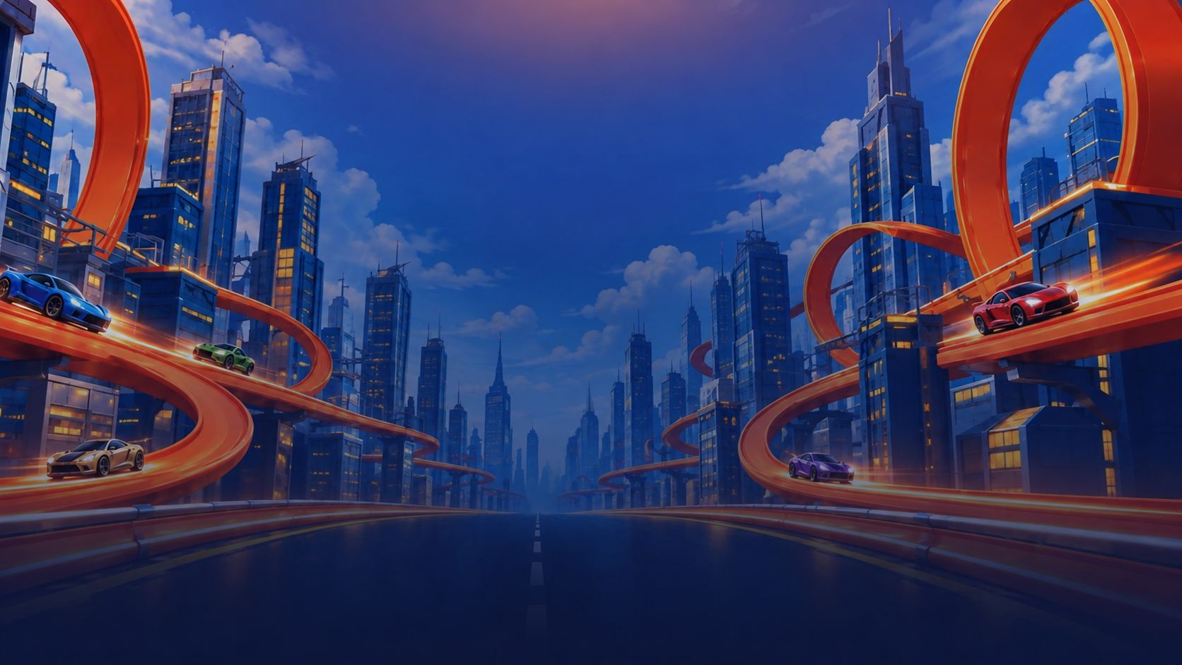 Hot Wheels loop tracks over a city skyline