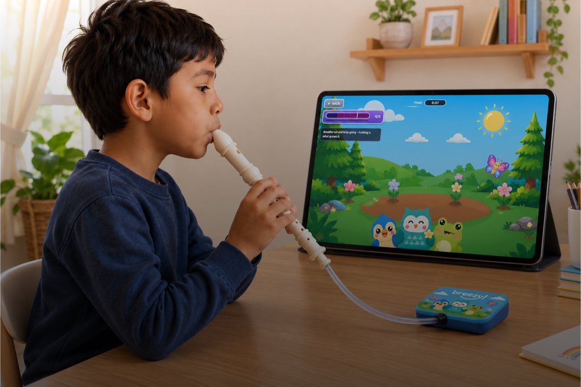 A child plays Breezy by blowing into a recorder connected to the Breezy box, with the game on a tablet